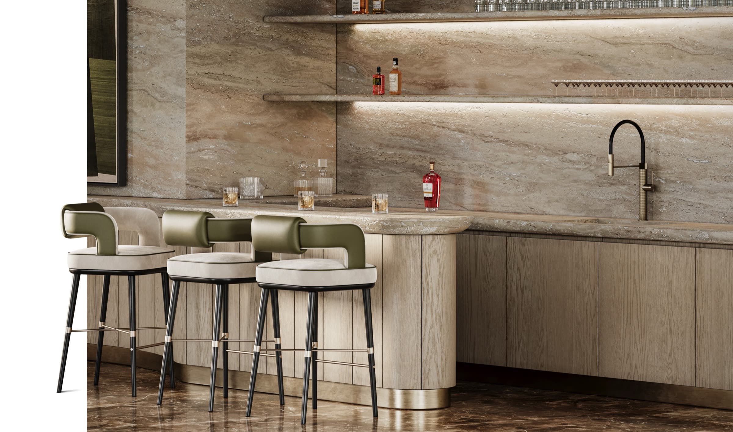 Parma bar — a curved travertine counter with olive-green leather stools and backlit floating stone shelves of spirits